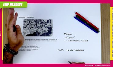 A foto mostra integrantes de um grupo de choro tocando instrumentos